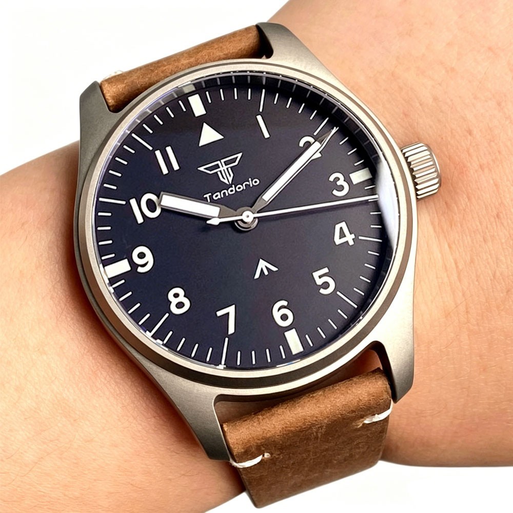Tandorio Titanium 39mm Men’s VH31 Quartz Pilot Watch Waterproof Sweep Second