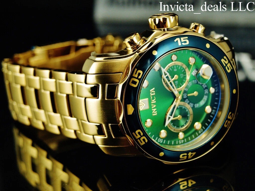 Invicta Men’s 48mm PRO DIVER Scuba Chronograph Green Dial 18K Gold Plated Watch