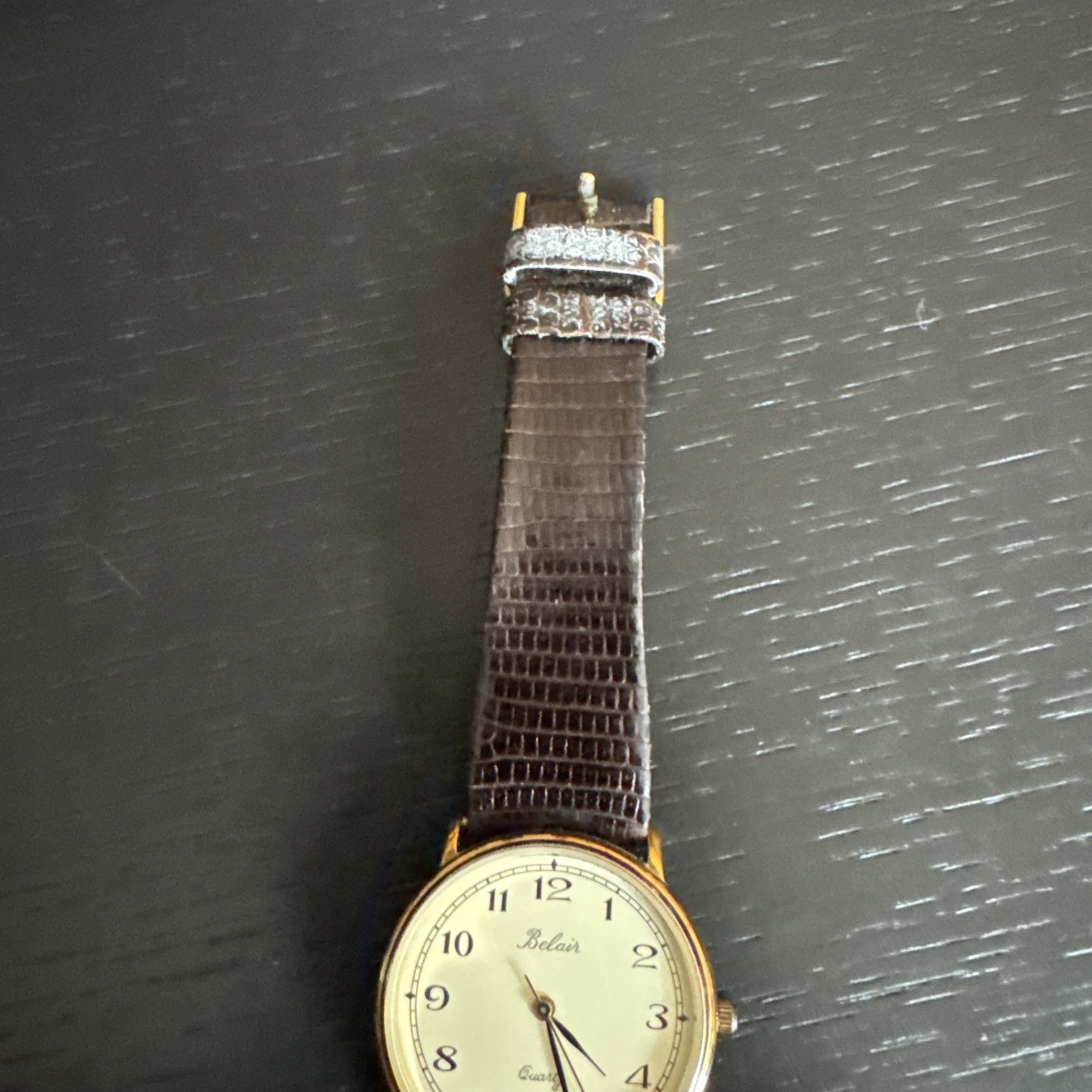 Vintage Belair Quartz Watch Gold Tone White Dial Brown Leather Band
