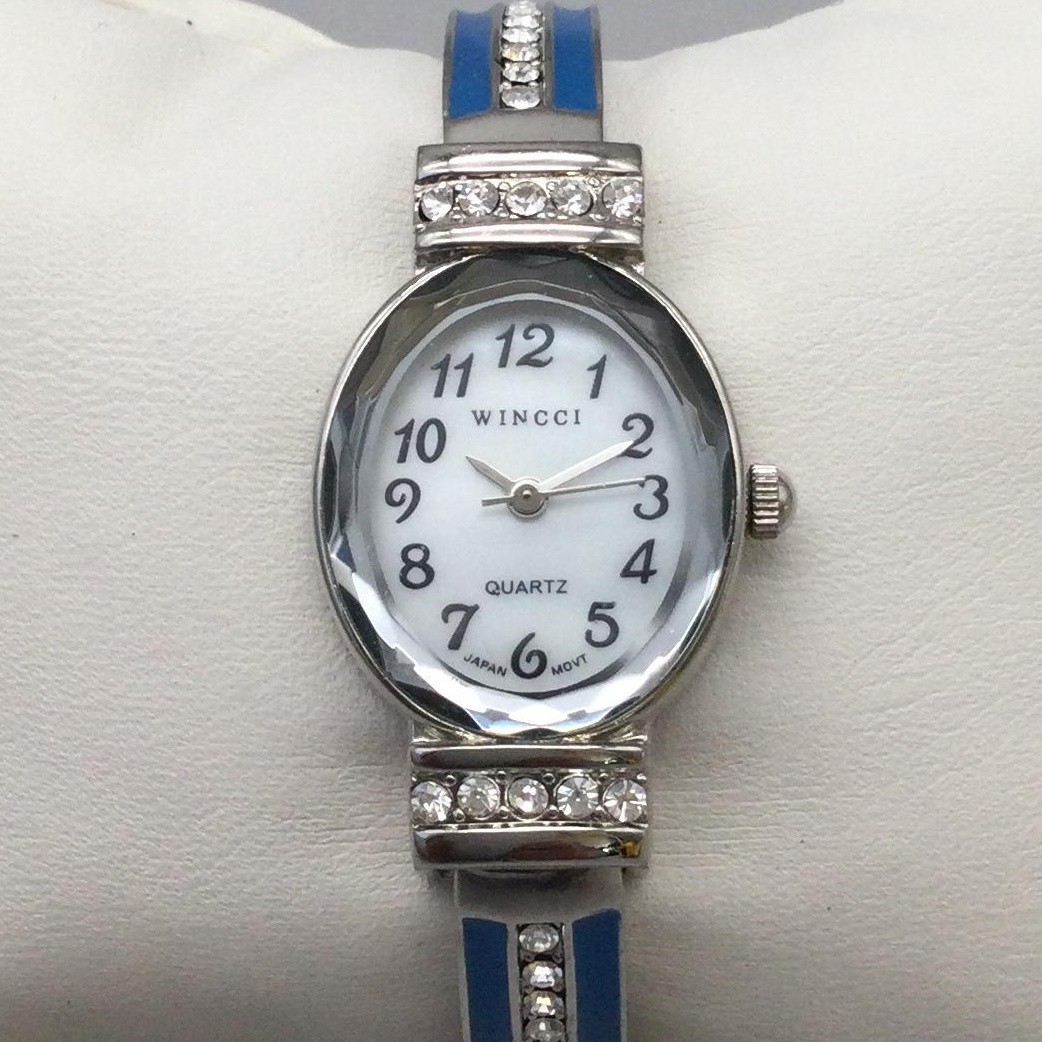 WINCCI Womens Watch 20mm White Dial Blue Crystal Bangle Silver Tone New Battery