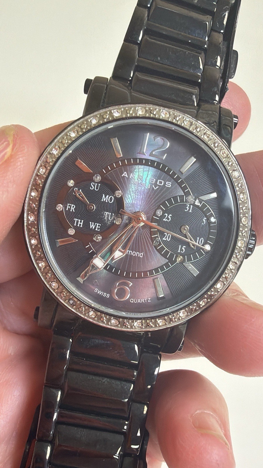 Ladies Akribos XXIV Diamond Black Wrist Watch, Adjustable Link Band