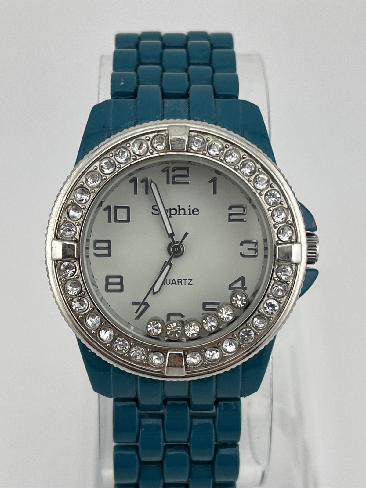 Sophie Watch Women 35mm Case Floating Crystals 7.5″ Teal Band- New Battery