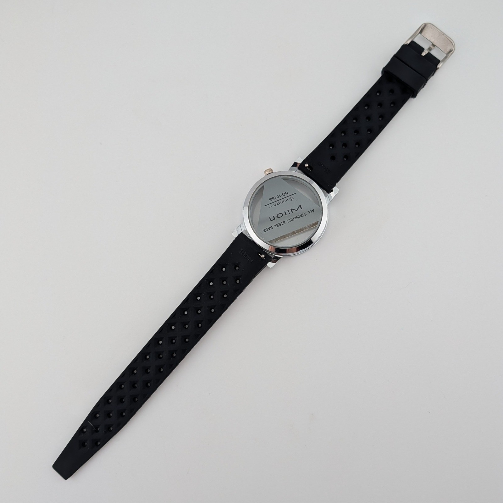 Wilon Triangle Dial Sunburst Quartz Watch Clear Case Black Silicone Strap 38mm