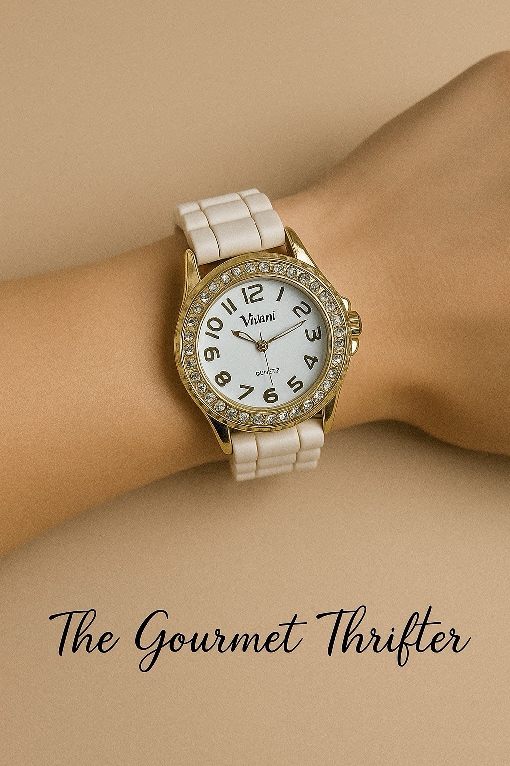 ⌚ Vivani Quartz Watch Gold Tone Crystal Bezel White Band Elegant Style