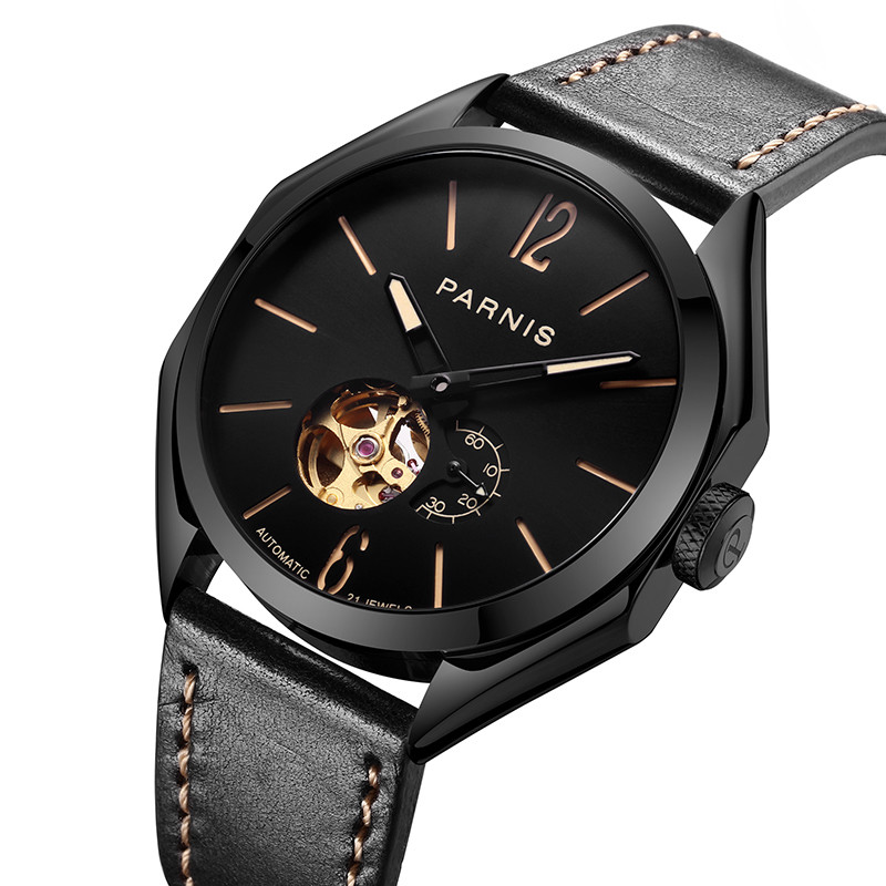 43mm Parnis Hollow Dial Miyota Automatic Movement Men’s Watch PVD Black Case New