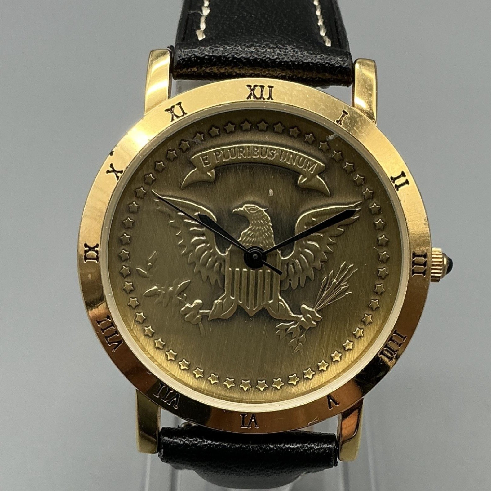 Mens Watch 35mm Eagle Coin Dial Gold Tone Case Black Leather New Battery
