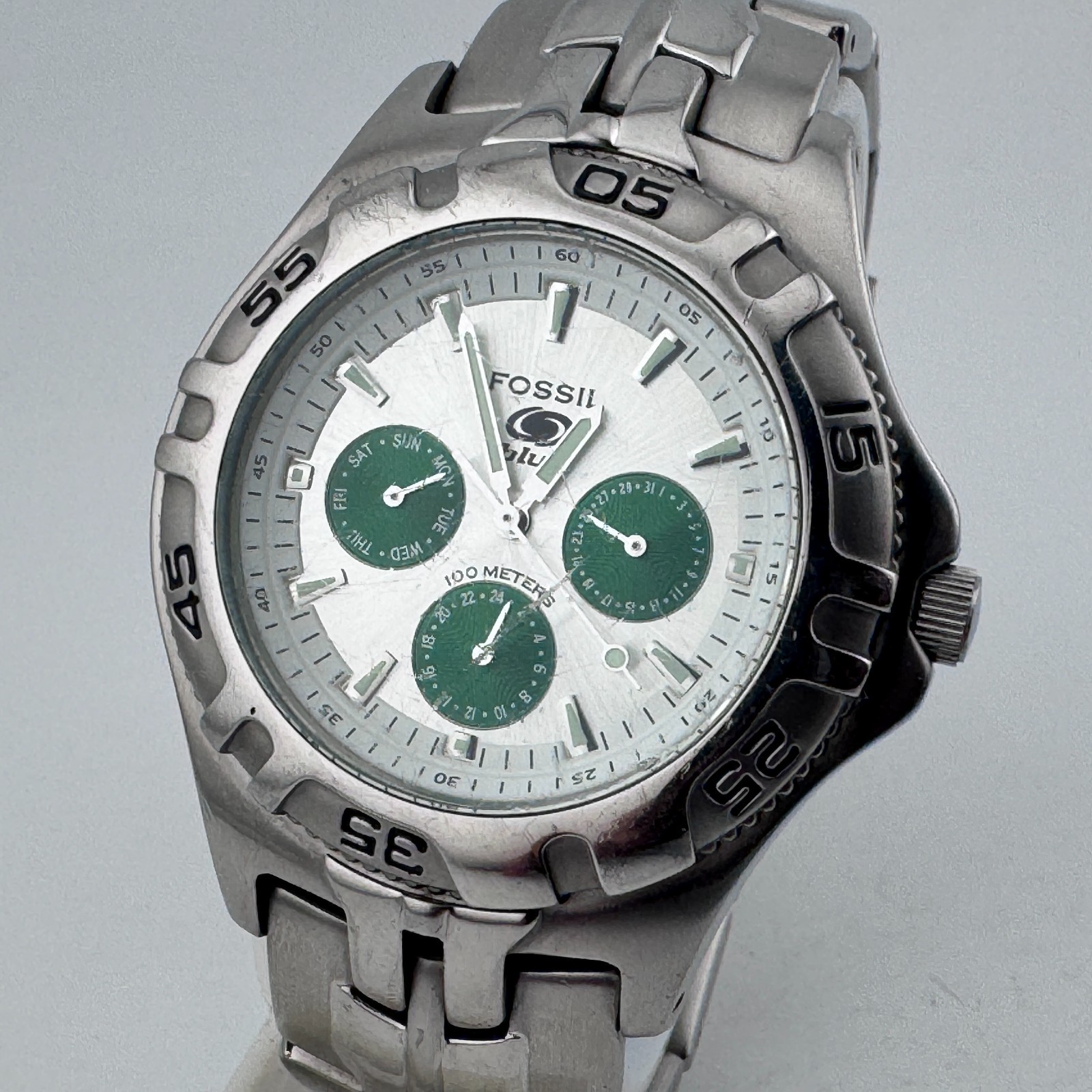 Fossil Quartz Watch Men 100m Silver Green Steel Rotating Bezel New Battery 6.5″
