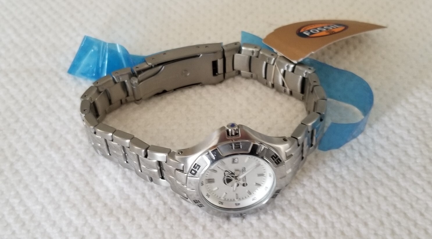 NWT Fossil SS Silver Tone Date Watch 2014 NCAA PR-5339 7.75″ Max SizeNew Battery