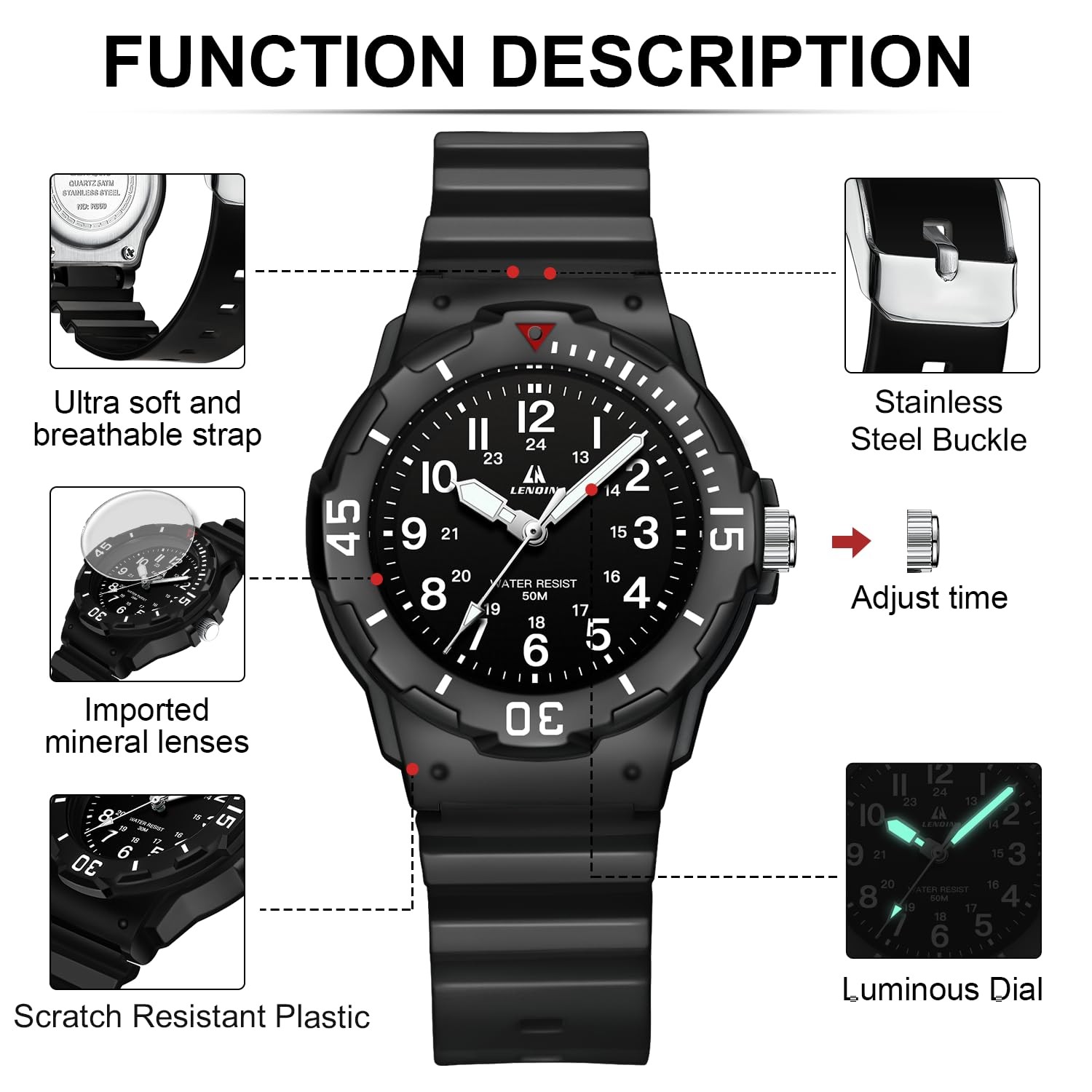 Kids Teen Analog Sports Quartz Watch Easy Read Black Silicone Strap Waterproof