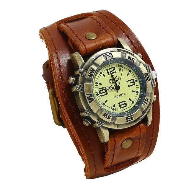 Vintage Retro Leather Cuff Bracelet Wide Band Steampunk Mens Quartz Wrist Watch⌚