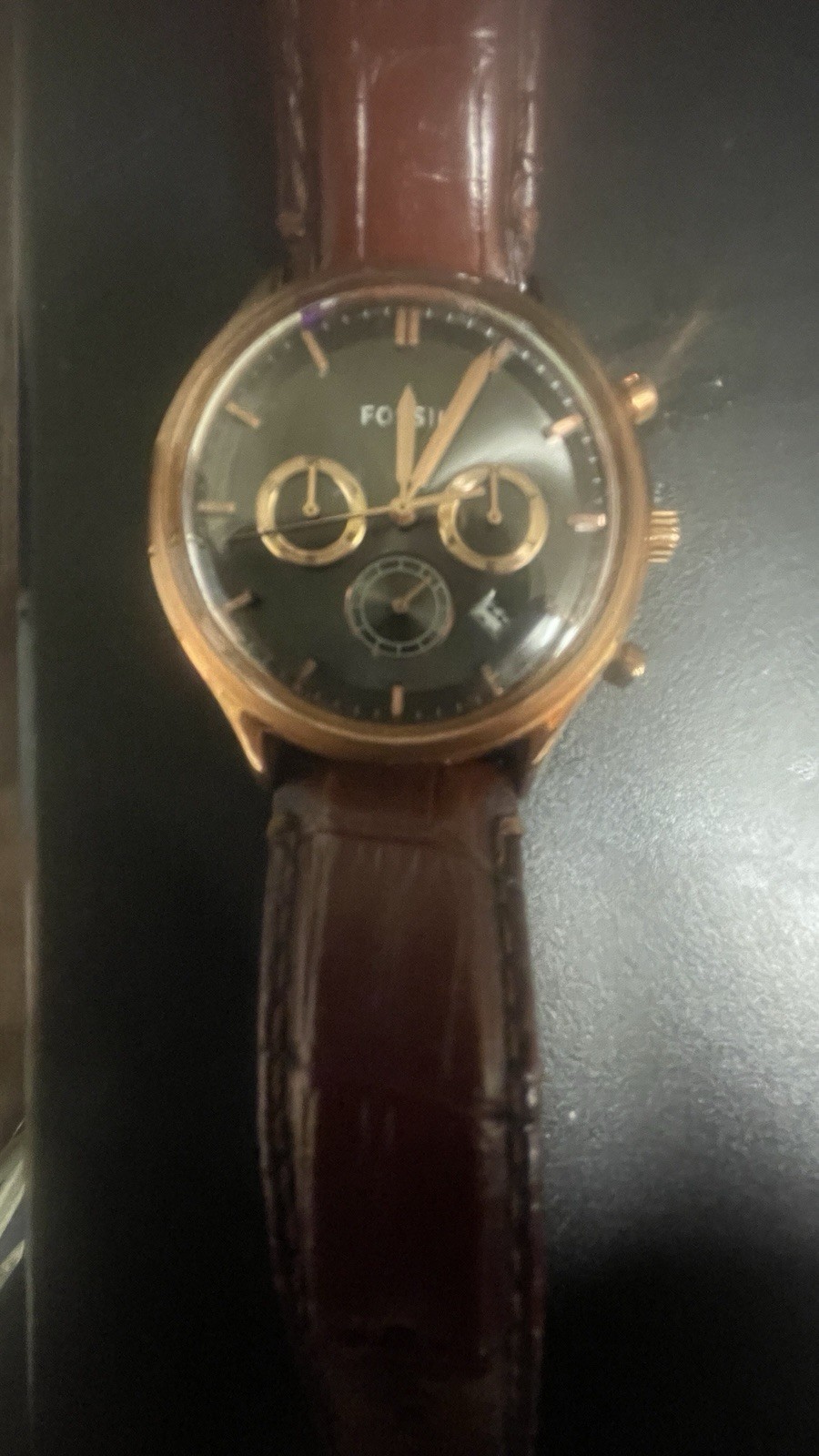 Fossil Men’s Chronograph Date Analog Watch Black Dial Gold Case Brown Strap