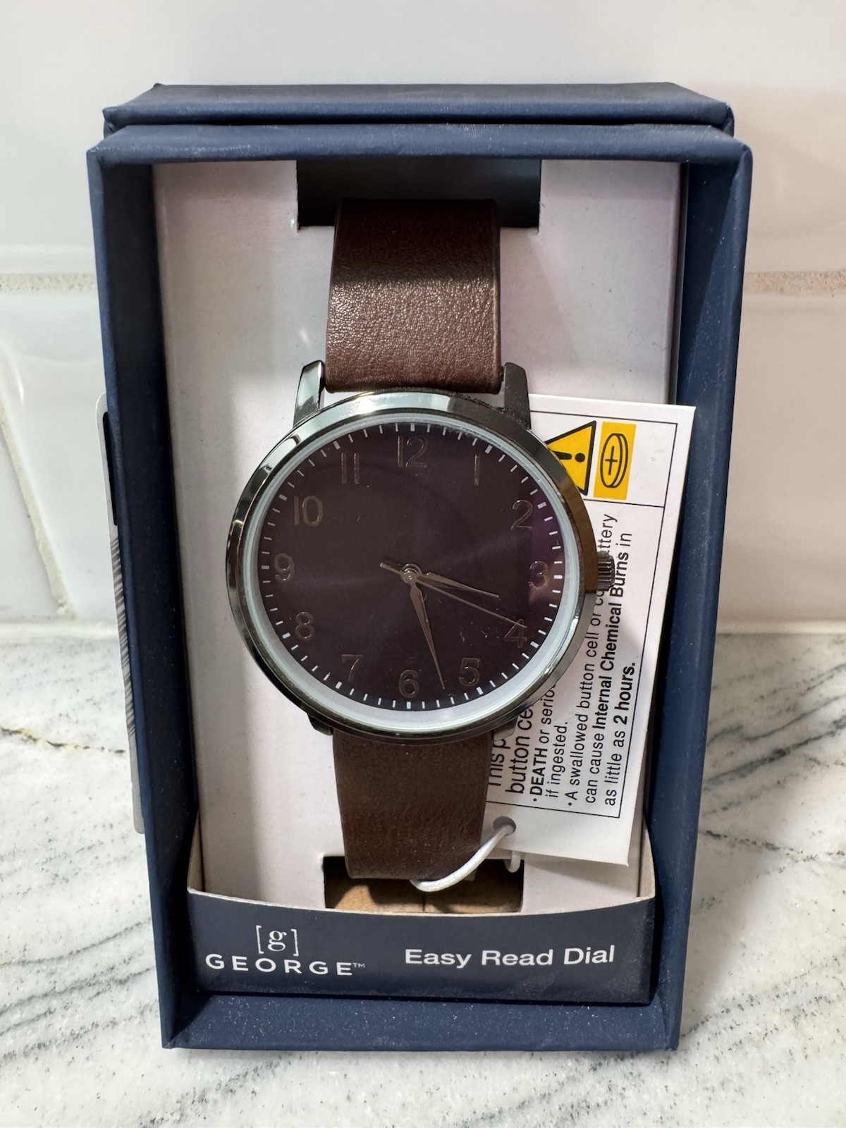 George Men’s Sliver Tone Case Analog Watch With Faux Brown Leather Strap New