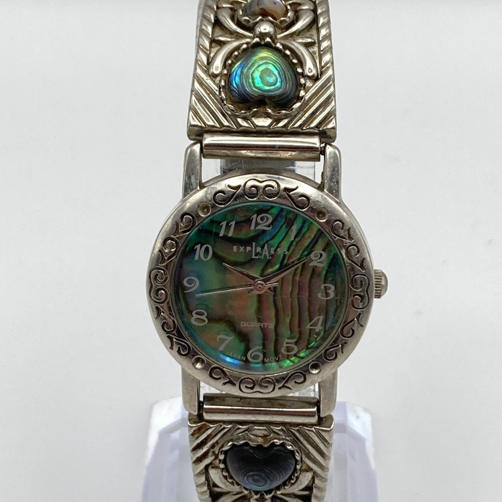 LA Express Womens Watch Abalone Heart 22mm Silver Tone Stretch New Battery 6″