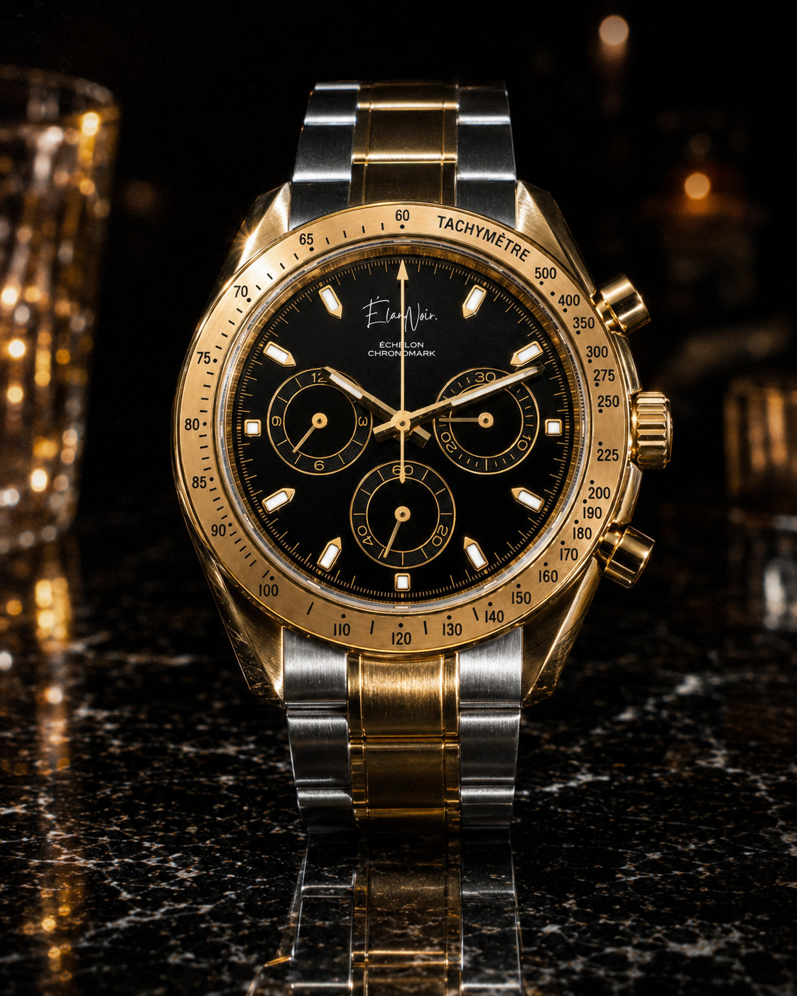 Élan Noir Chronograph Watch VK63 Black Dial Two Tone Sapphire Crystal Steel 40mm