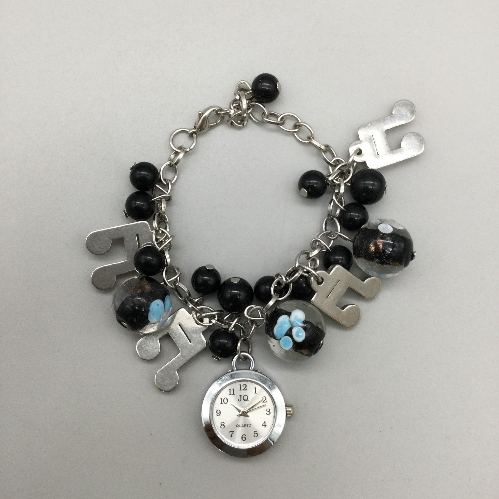 JQ Music Note Charm Bracelet Watch Womens 22mm Black Glass Beads New Battery 8″