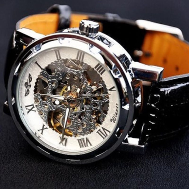 Men’s Skeleton Mechanical Wrist Watch Steampunk Luxury Black Leather Stainless
