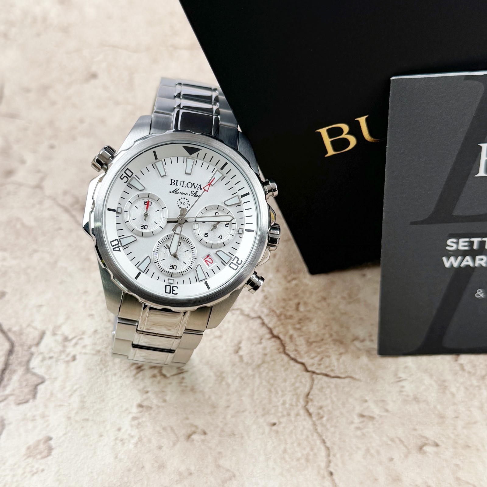 New Bulova Marine Star Classic White Dial Chronograph Men’s Quartz Watch 96B255