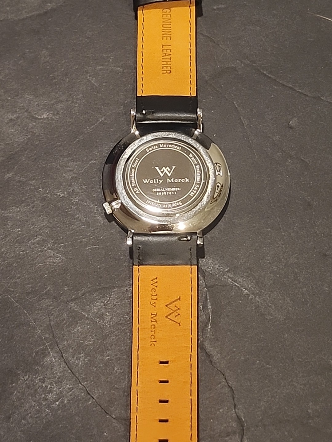 Welly Merck Mens Watch 35mm Black Dial Minimalist Stainless Leather New Battery