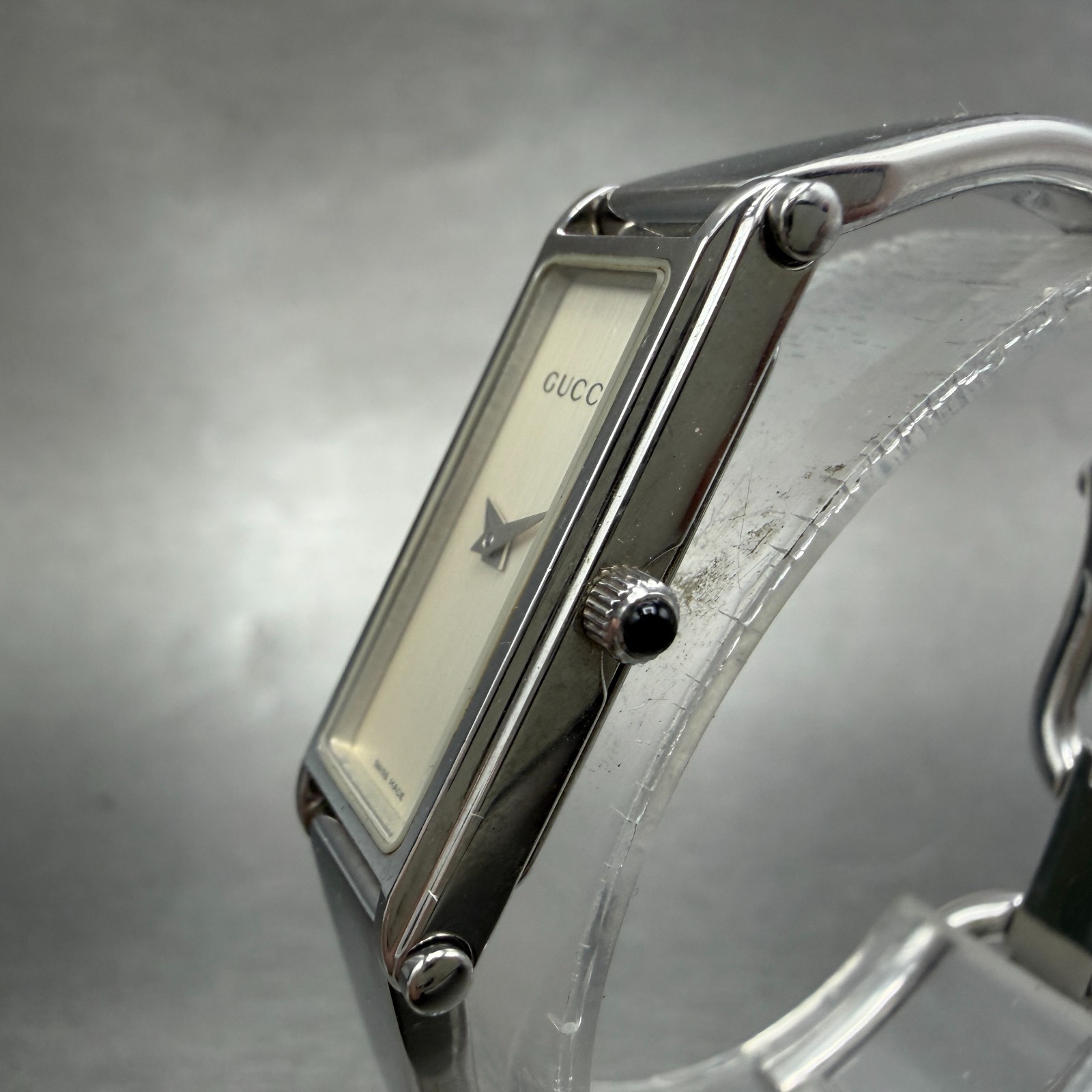 Gucci 1500L Tank Watch Women 12mm Black Dial Steel Rectangle Bangle New batt Box