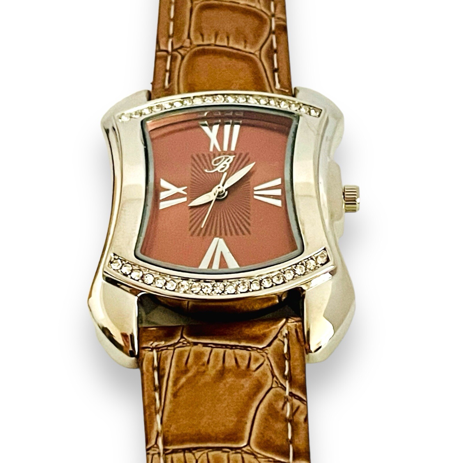 Women’s BURGI Watch Rhinestone Croc Emboss Leather Quartz Wrist Watch