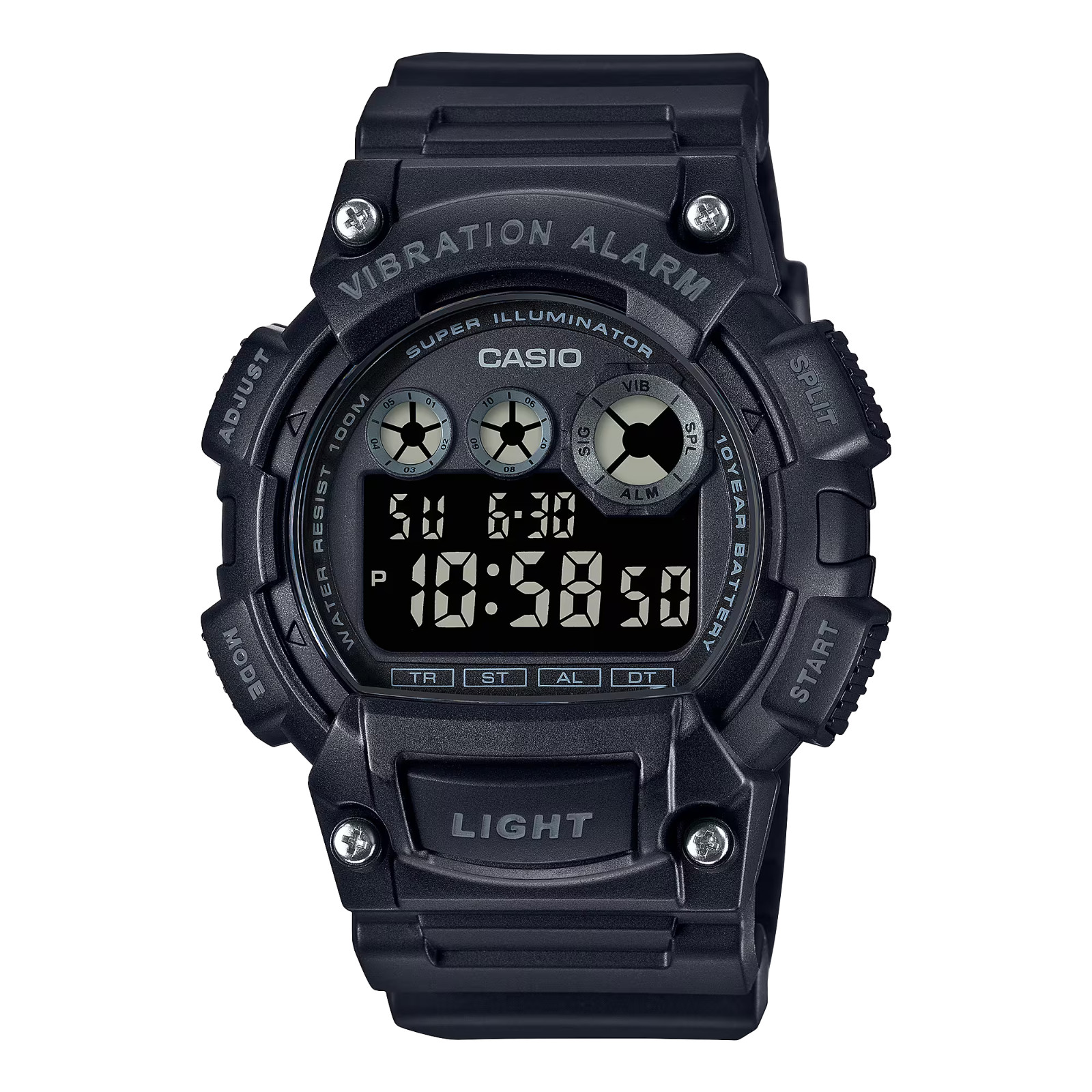 Casio W-735H-1BV Black Digital Stopwatch WR 100M Vibration Alarm LED Illuminator