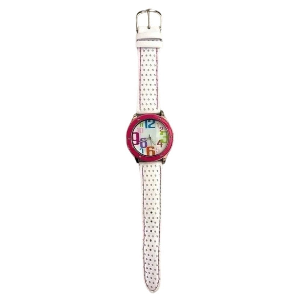 Pink Bezel White Perforated Strap Watch Multi Color Large Numeral Dial Sporty
