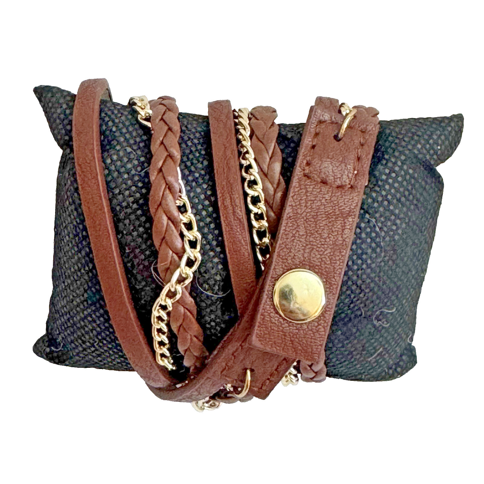 Women’s Braided Wrap Watch Brown Faux Leather Gold Chain Strap Gold-Tone Case