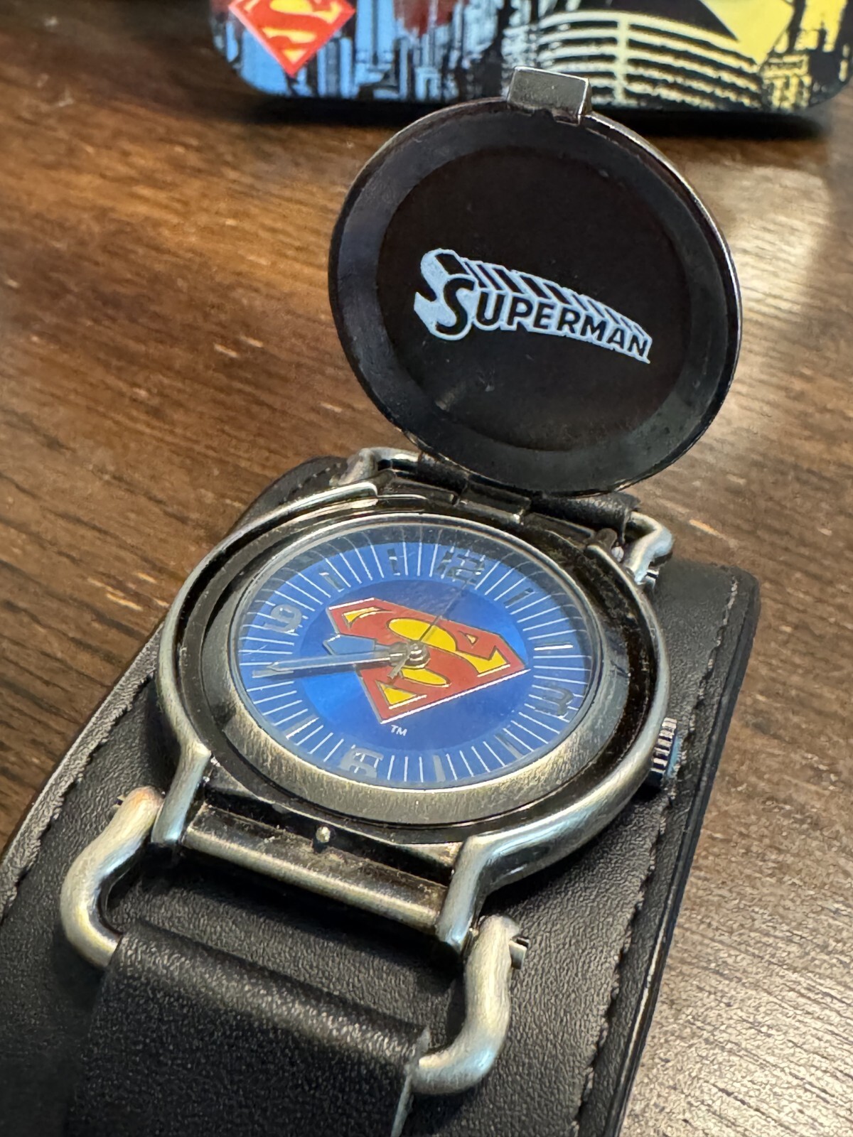 Rare Superman Flip Top Covered Leather Cuff Watch & Decorative Display Tin