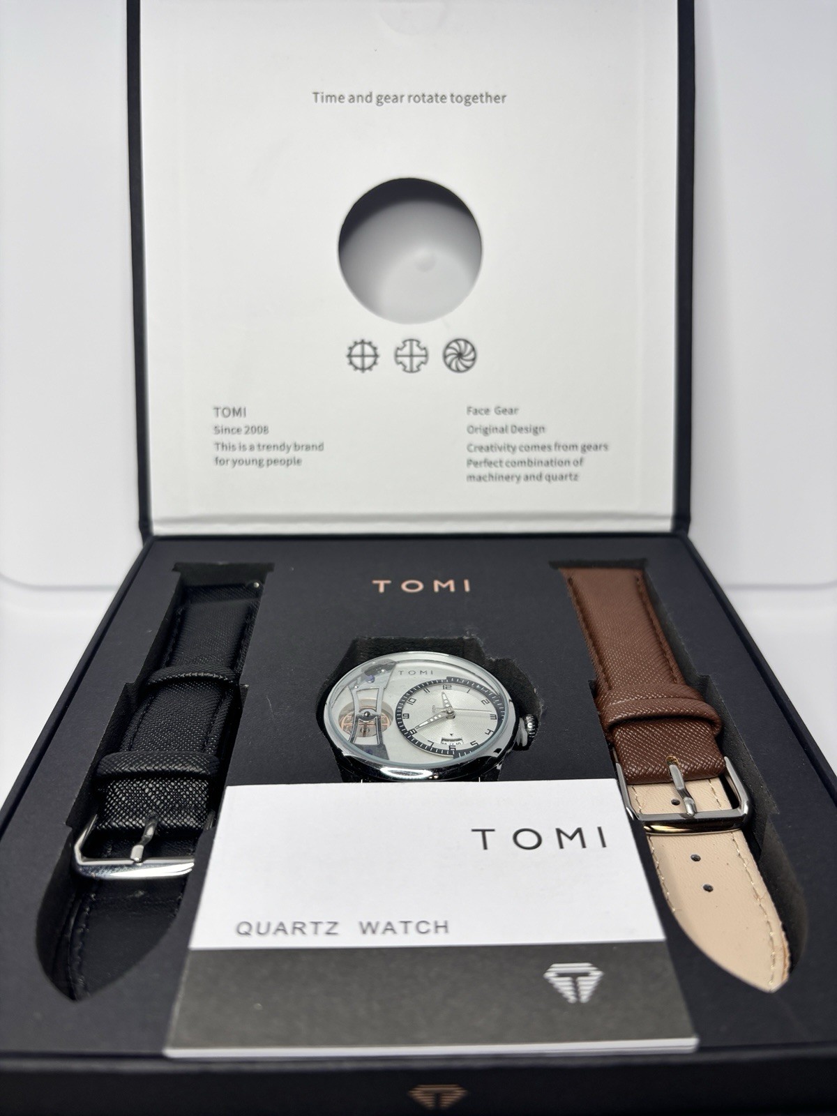 TOMI Face Gear Quartz Analog Date Watch w/ Black & Brown Leather Straps Box