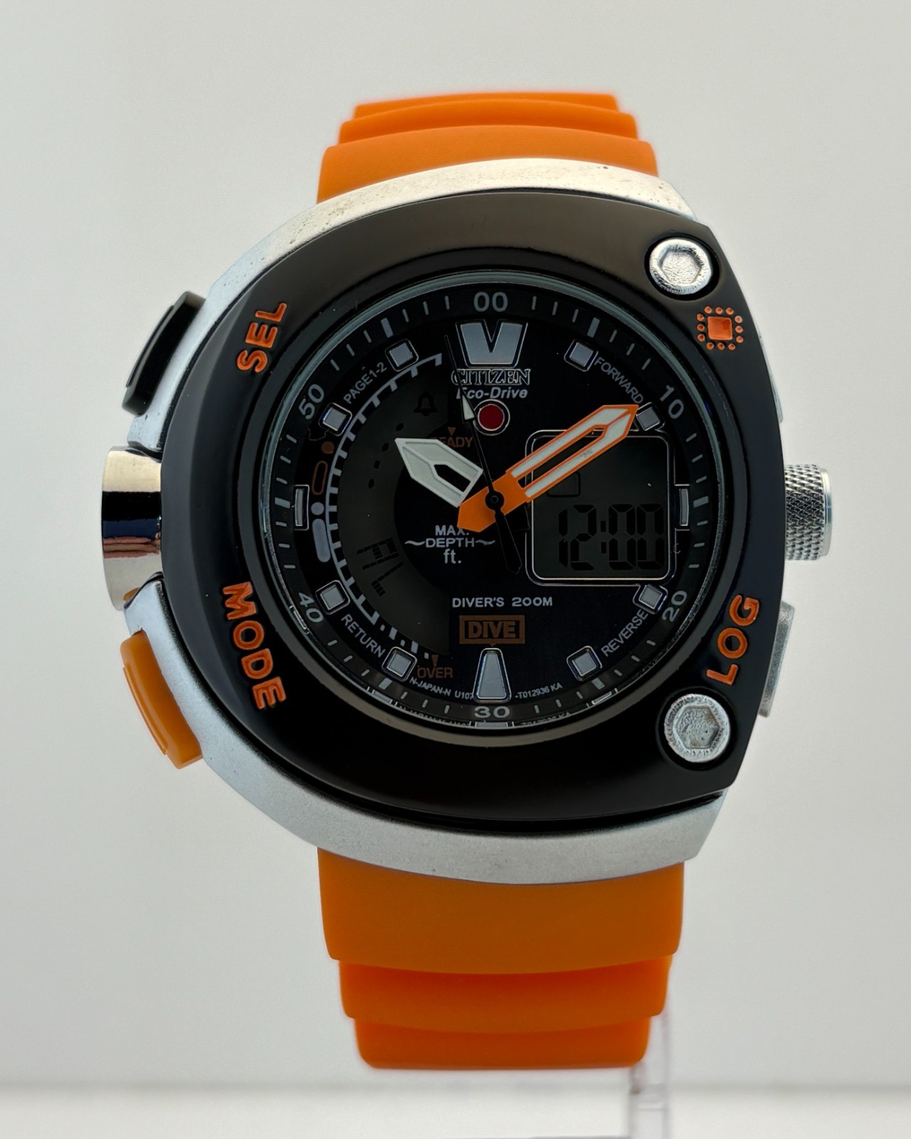 Vintage Men’s Citizen Eco-Drive Quartz Dual-Display Black Dial Orange Band Watch