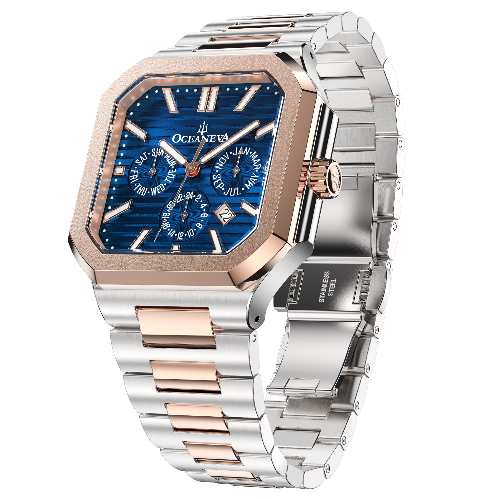 Oceaneva Men’s Tenuis Automatic Calendar Thin Watch – Blue & Rose Gold