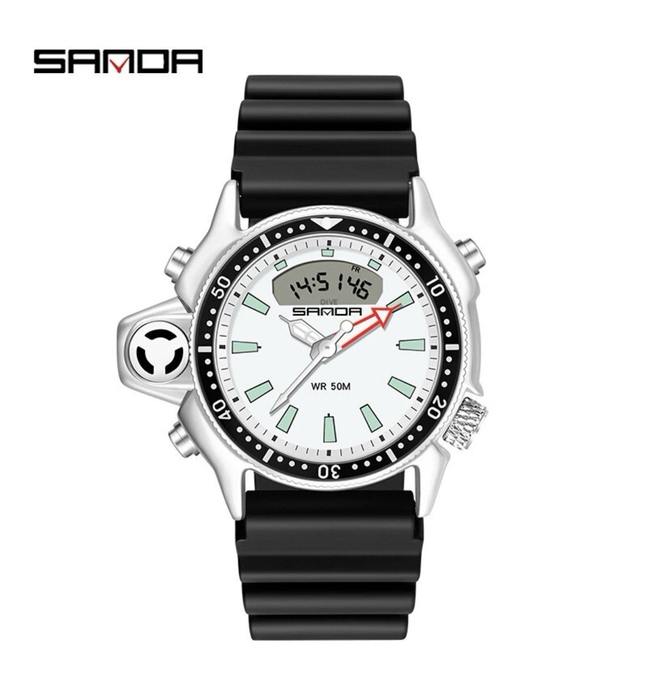 SANDA Dual Display Waterproof Chronograph Resin Band Backlight Alarm Watch