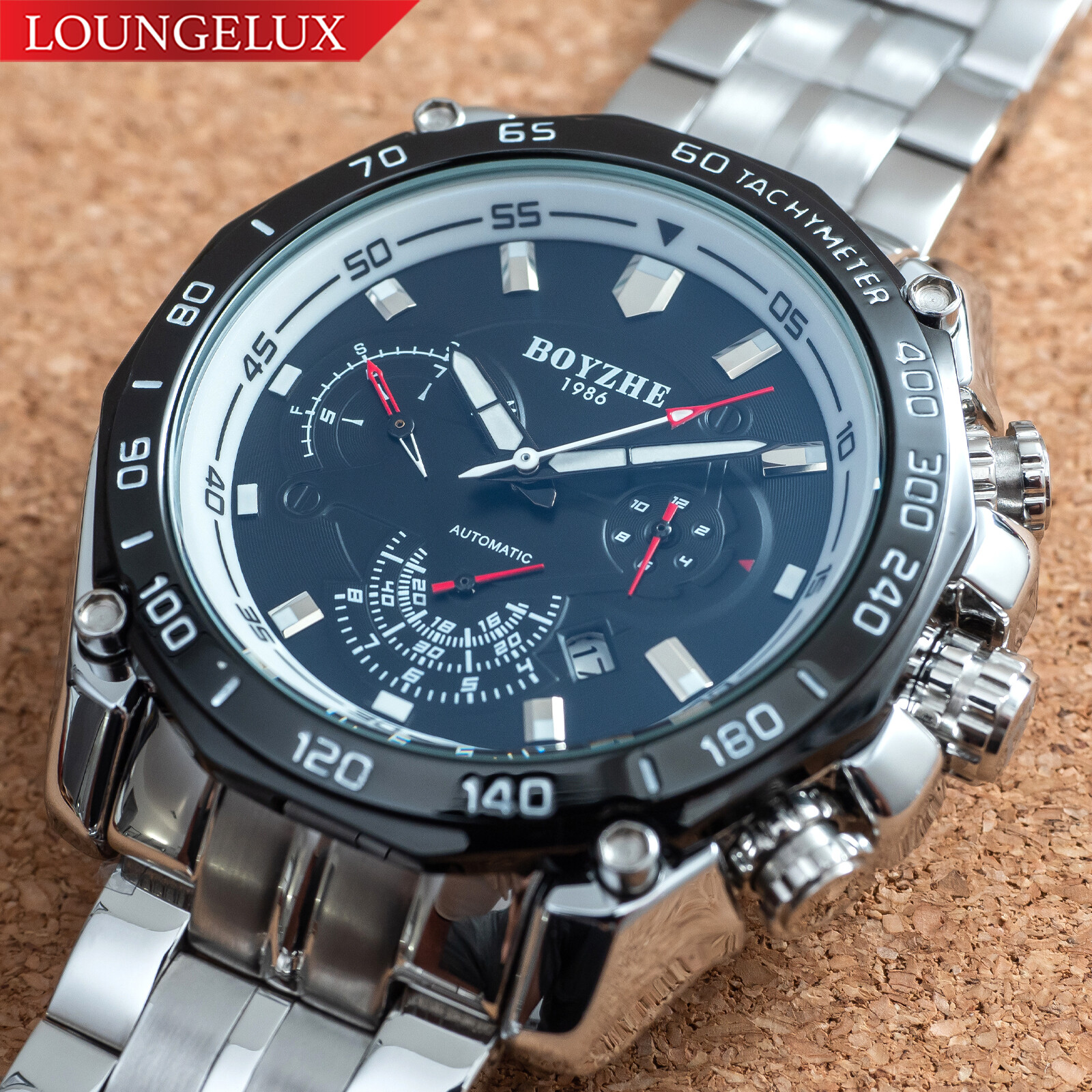 Mens Silver Chrome Black Automatic Mechanical Watch Luminous Stainless Steel