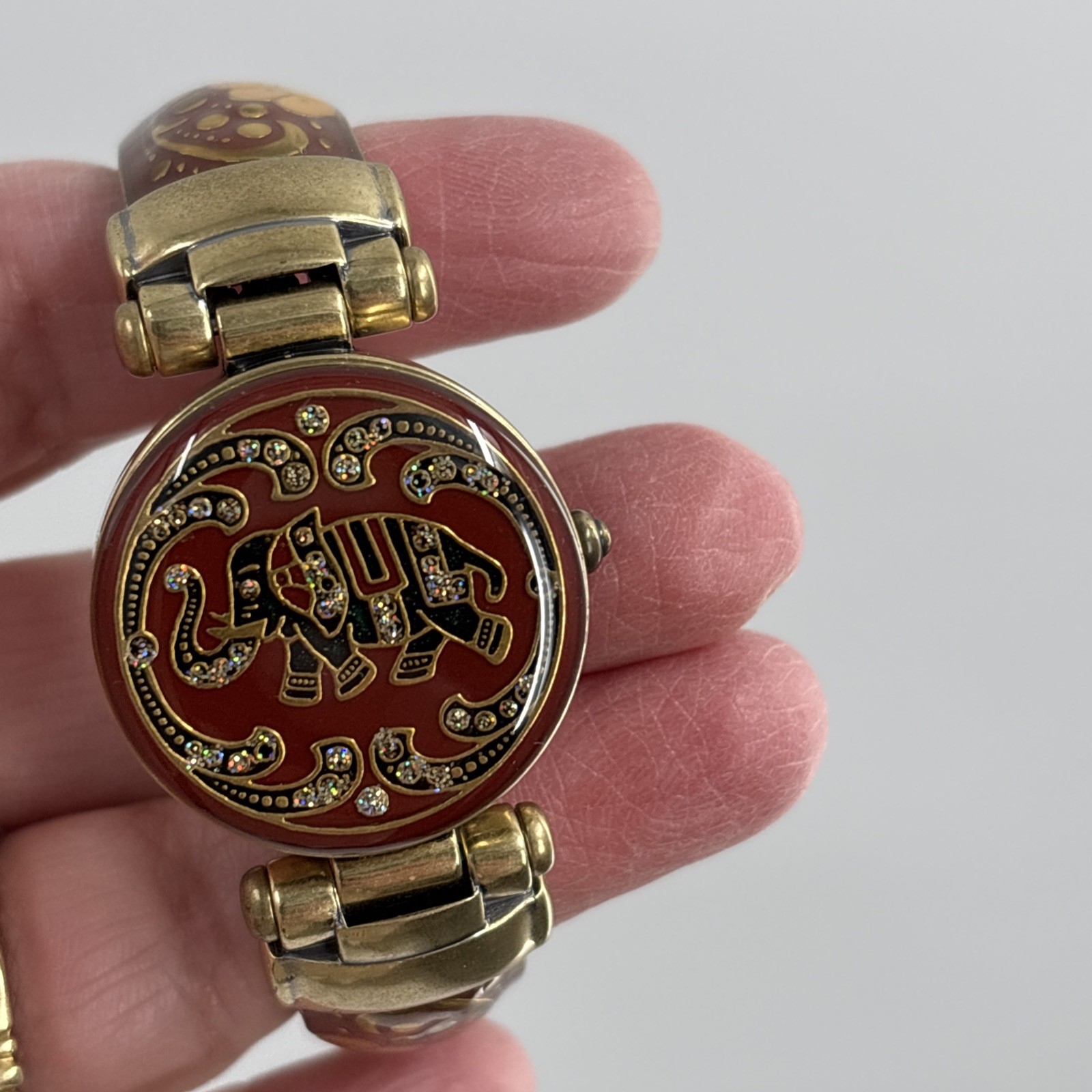 Vivani Cuff Watch Enamel Elephant Floral Watch tips Needs Battery