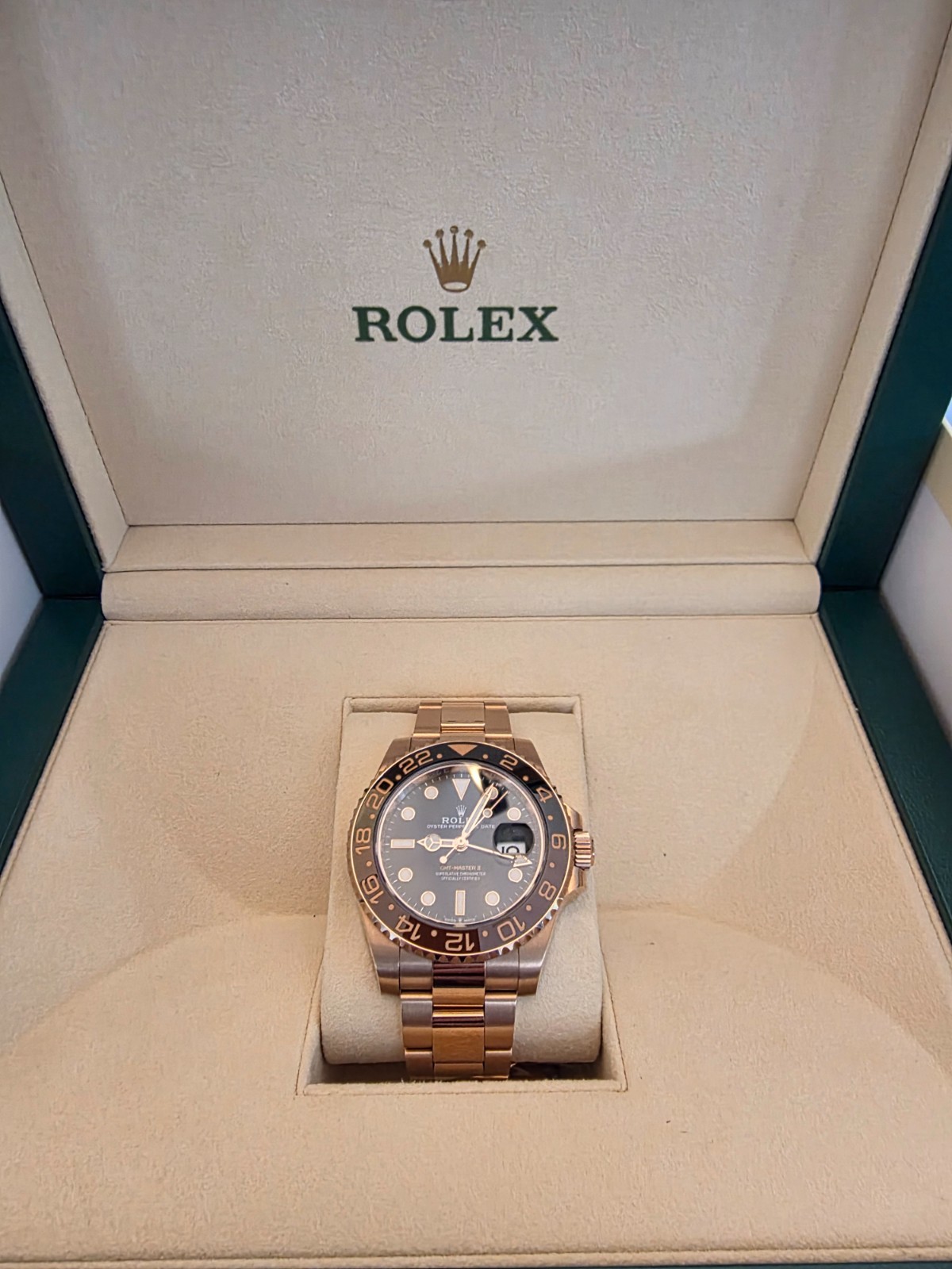 Rolex 40mm GMT Master II Black Brown Root Beer Rose Gold Mens Watch 126715