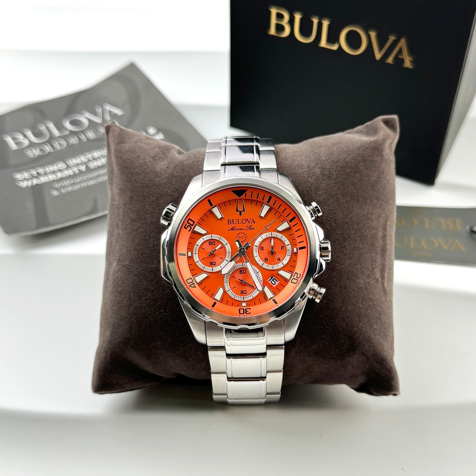 Bulova Men’s New 96B395 Marine Star Chronograph Watch Orange Dial 43mm