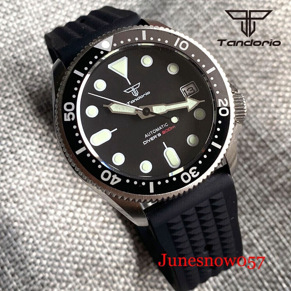 Tandorio Diver 37mm NH35A Mechanical Men Watch Black Dial Sapphire Waffle Strap