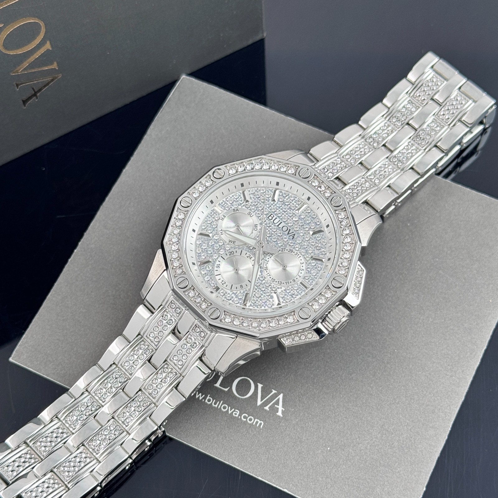 Bulova Men’s Octava Silver Pave Crystal Stainless Steel Quartz Watch 96C134