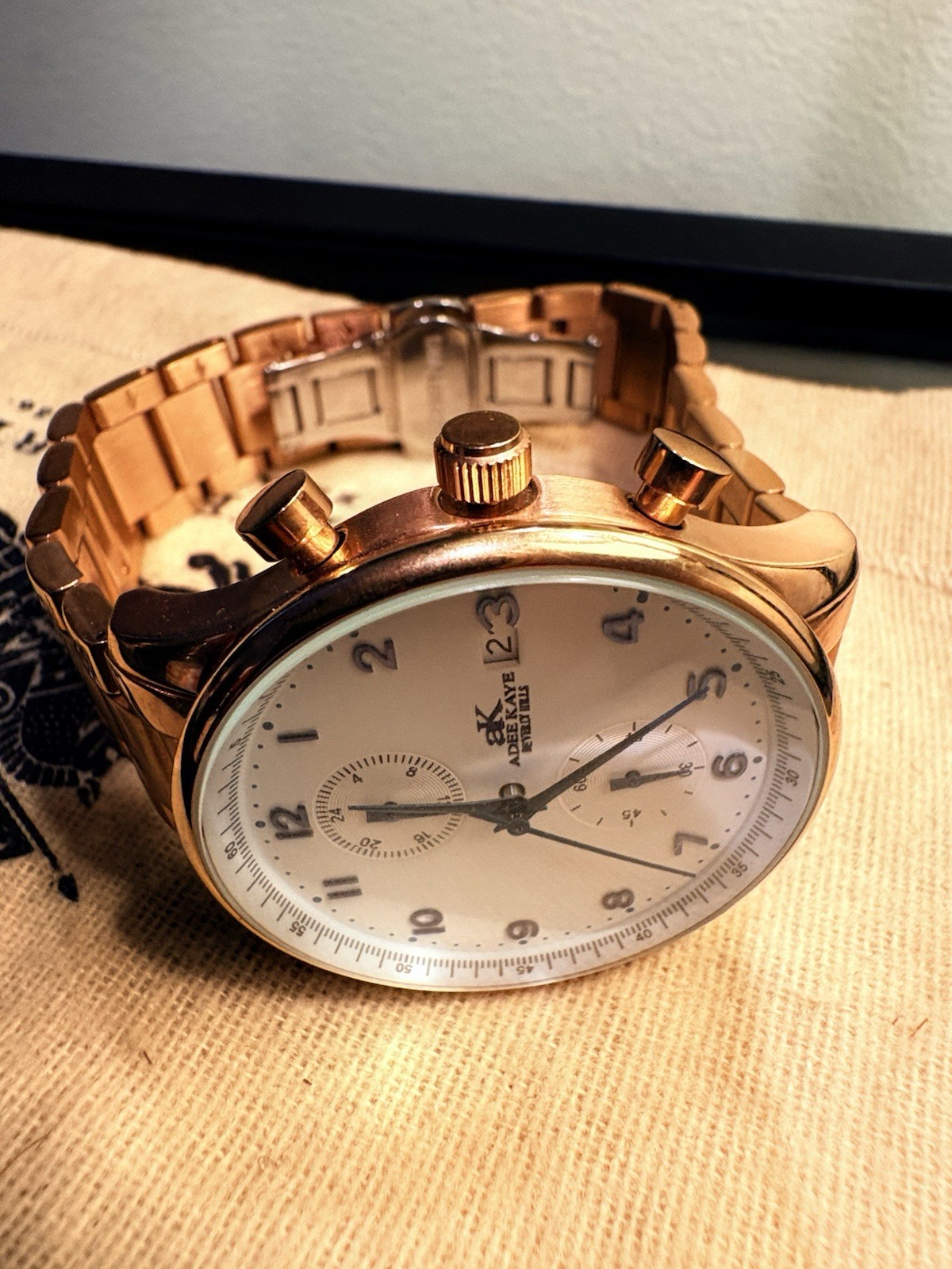 Adee Kaye Men’s Chronograph Watch White Dial W/ Blue Numerals/Hands + Date