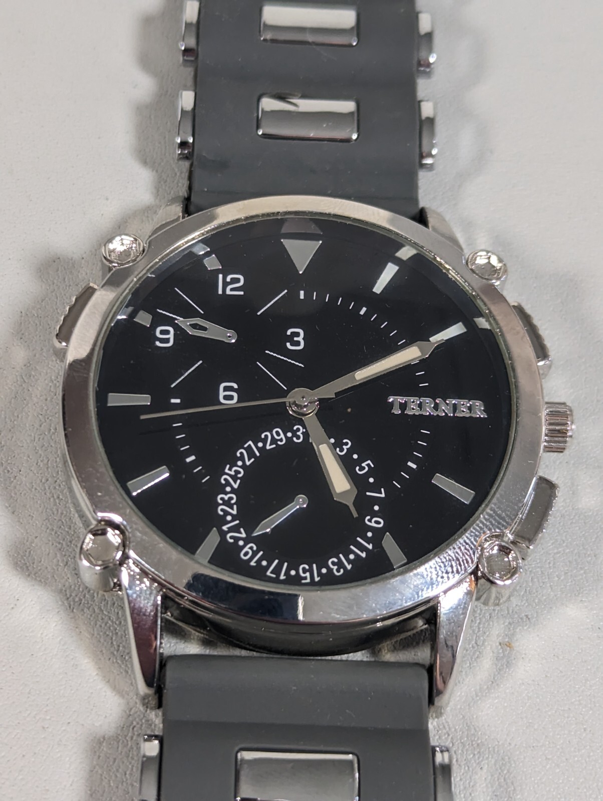 Bijoux Terner Black Dial Round Silver Tone Case Gray Studded Silicone Band Watch