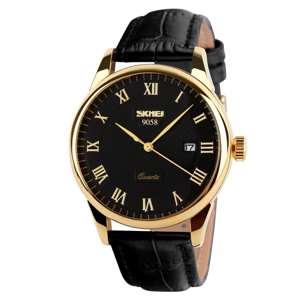 SKMEI Men’s Black Gold Roman Numeral Leather Strap Quartz Water Resistant Watch