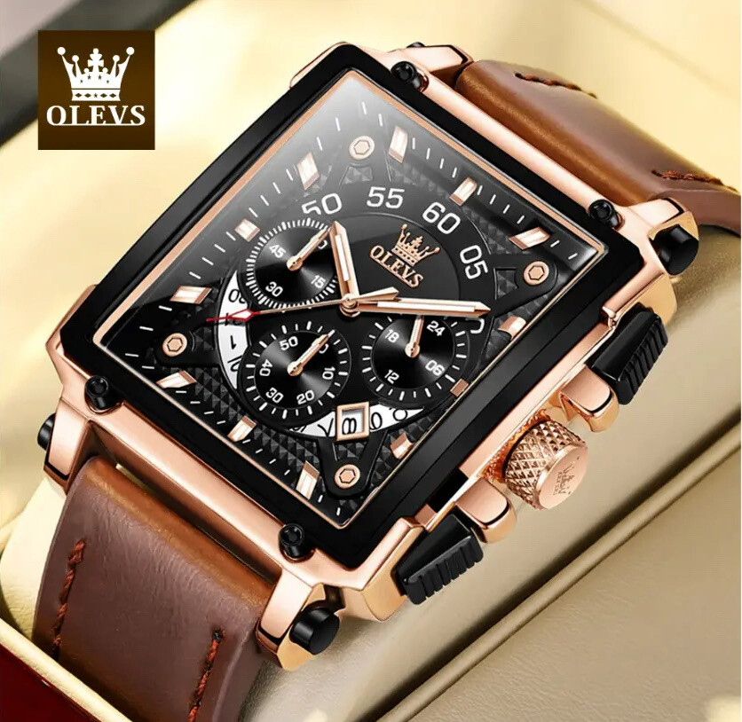 OLEVS Waterproof Sport Watches Men Quartz Leather Watch Luminous Square with box