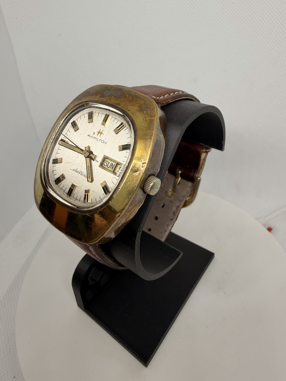 Hamilton Electronic Vintage Quartz Cushion Silver Dial Day/Date Gold Plated
