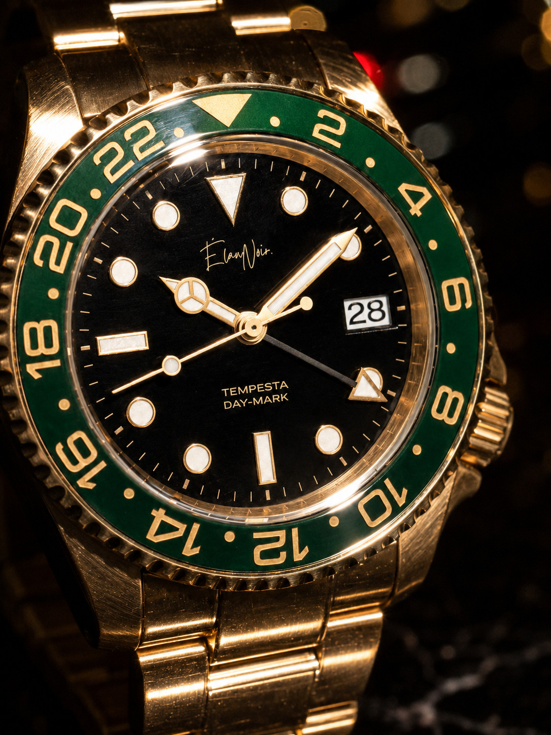Custom Élan Noir Tempesta Automatic GMT Watch 41mm Steel Gold/Black/Green NH35