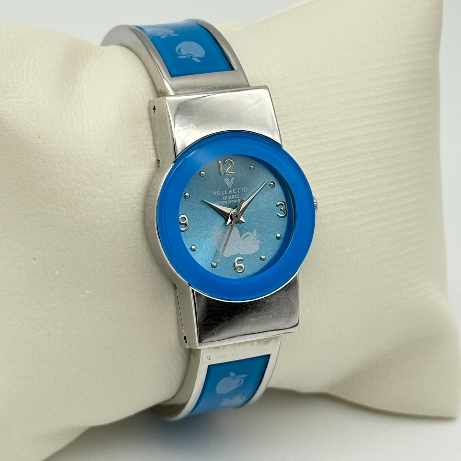 Women’s VELACCIO Glossy Silver Tone, Blue Apple Bangle Bracelet Watch, 24mm Runs