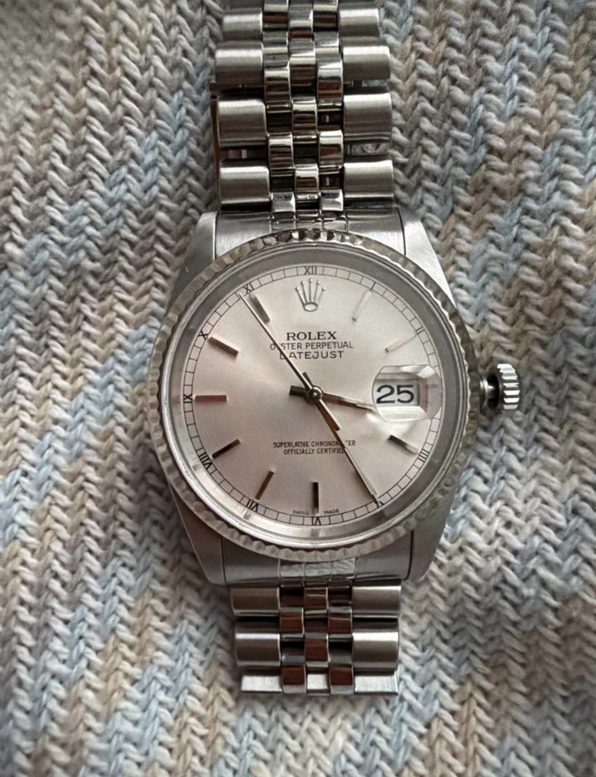 Rolex Datejust Silver Dial White Gold Fluted Bezel Quickset Date