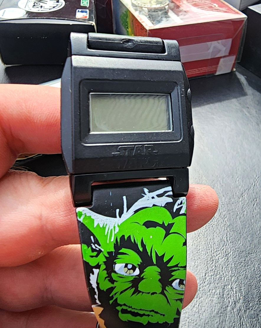 Digital LCD Wristwatch Gray Dial Rectangle Black Plastic Case Green/Black Strap