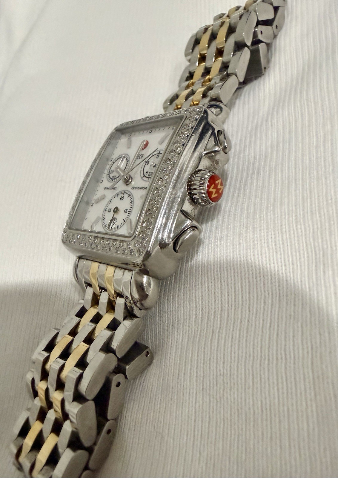 Michele Deco Diamond Chronograph Watch 71-6000 MOP Box Bands Links Complete Set