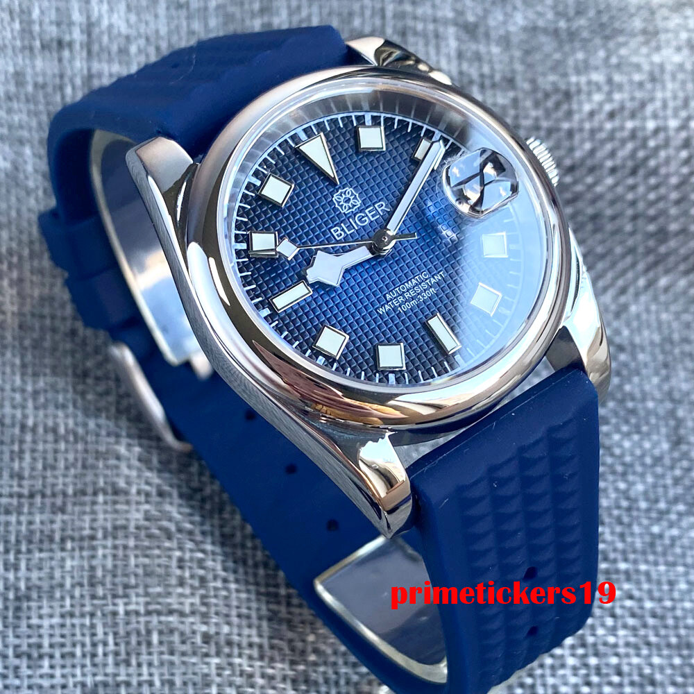 BLIGER 36mm/39mm Polished Case NH35A Automatic Men Watch Grid Dial Date Rubber