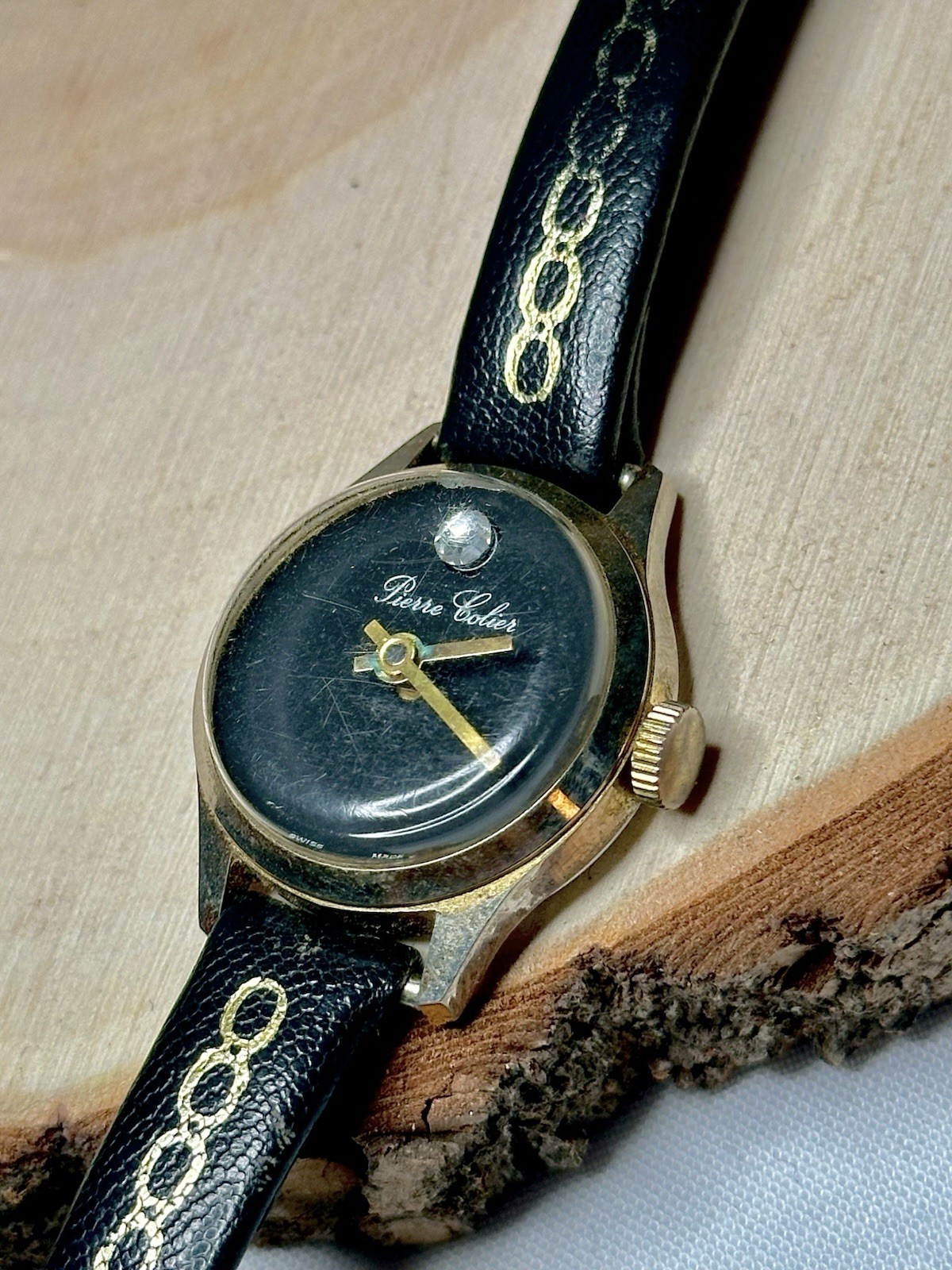 7.5in Vintage Pierre Colier Swiss Made Watch Black Dial Gold Tone Untested